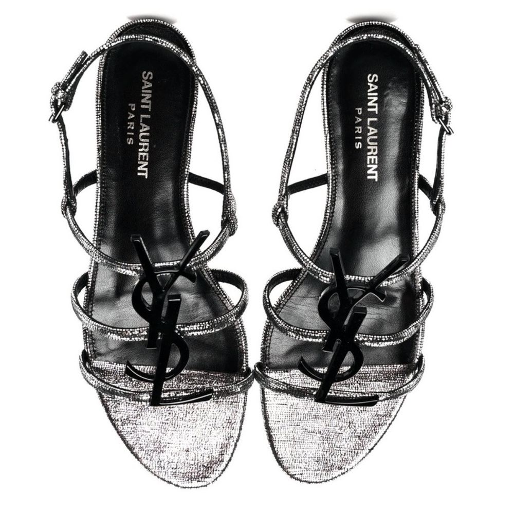 SAINT LAURENT Calfskin YSL Cassandra Monogram Logo Strappy Sandals Metallic 36 - Picture 11 of 11